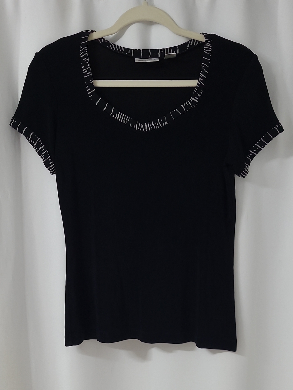 Chico's Black Scoop Neck Top White Graphic Trim
